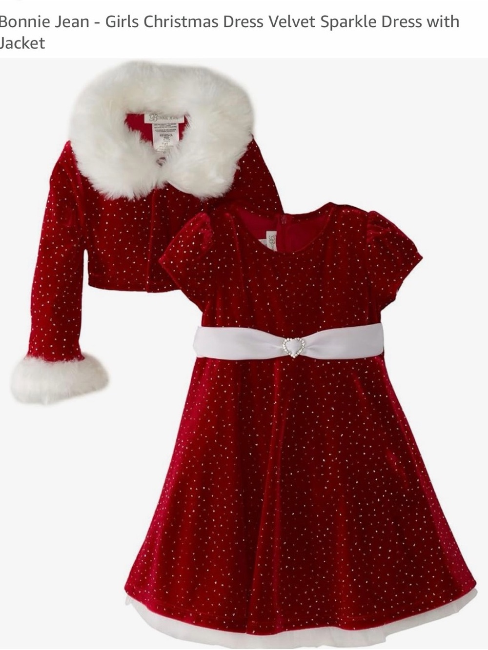 Bonnie Jean Red Velvet Sparkle Dress with White Trim Jacket